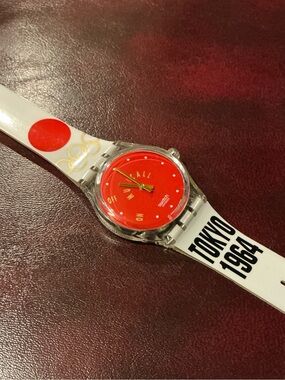Swatch Red Dial Olympic Tokyo 1964 Musical Alarm Graphic Watch